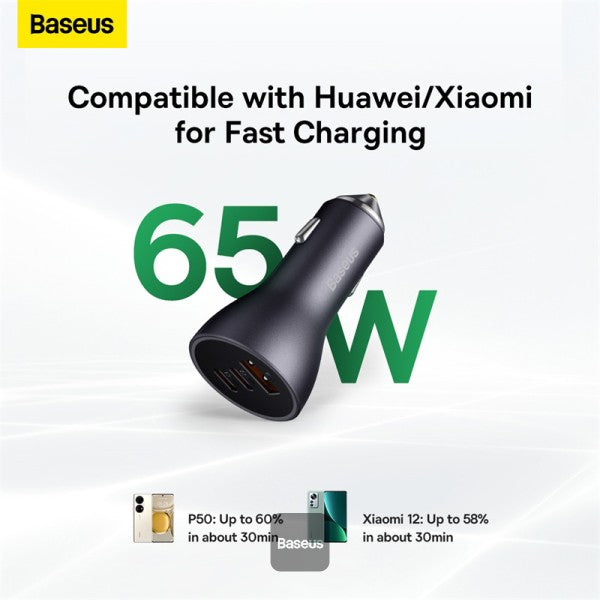 Baseus Golden Contactor Pro USB-A Carregador de Carro + 2x USB-C 65W