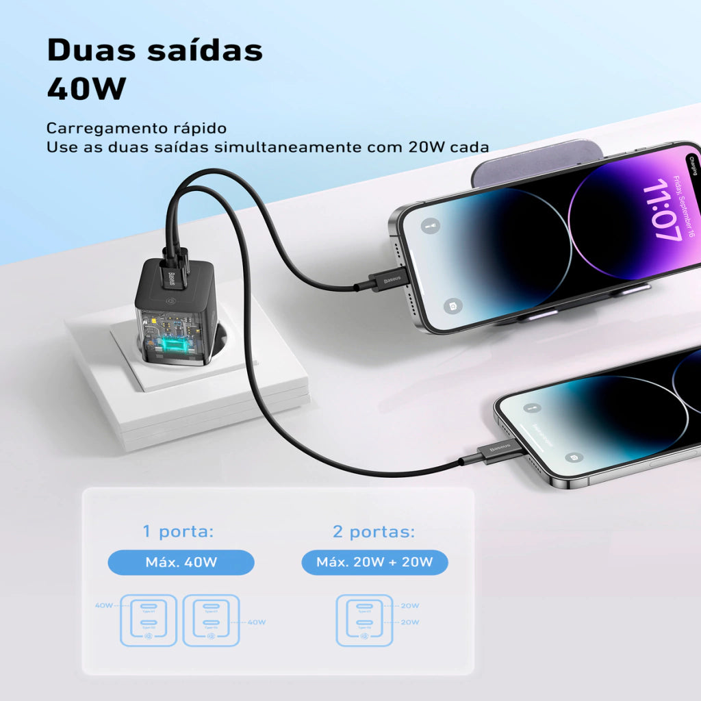 Carregador Turbo USB-C GaN5 Pro 40W com 2 Saídas Tipo-C l Baseus