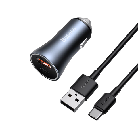Baseus 40W Turbo Carregador Veicular USB + USB-C com Cabo