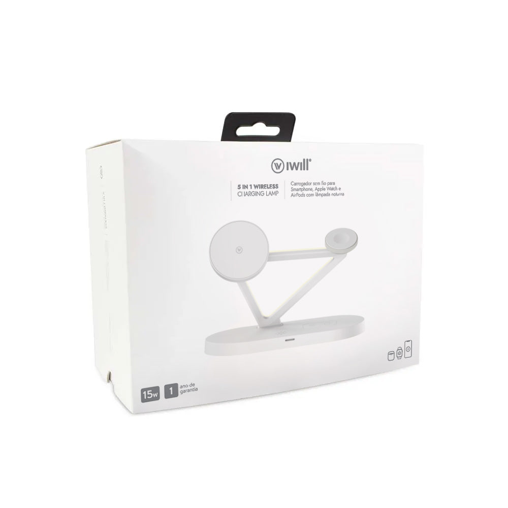 Lâmpada 5 em 1 Multifuncional: Carregador Indução, Despertador, Luz Noturna