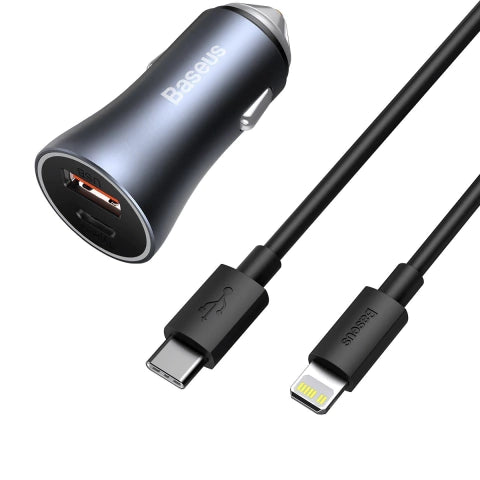 Baseus 40W Turbo Carregador Veicular USB + USB-C com Cabo