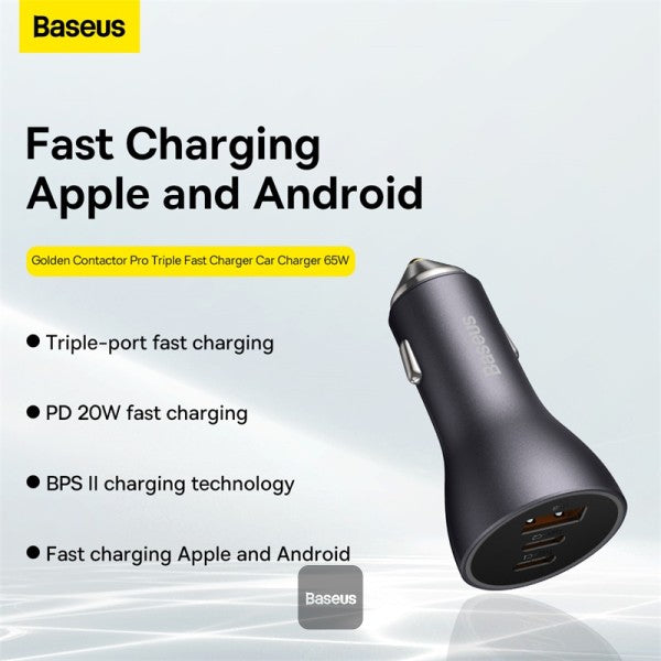 Baseus Golden Contactor Pro USB-A Carregador de Carro + 2x USB-C 65W