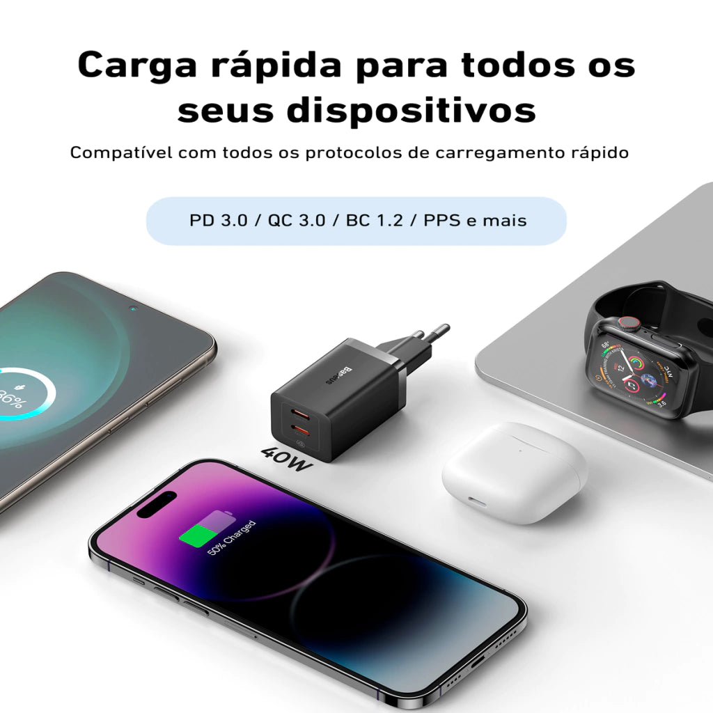 Carregador Turbo USB-C GaN5 Pro 40W com 2 Saídas Tipo-C l Baseus